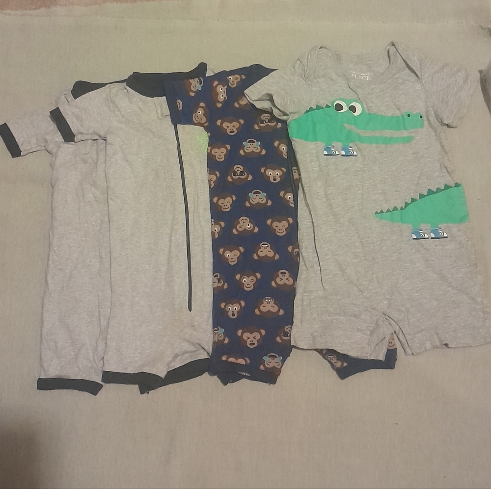 Gray and Blue Baby Rompers with Monkey and Crocodile Designs 4for1